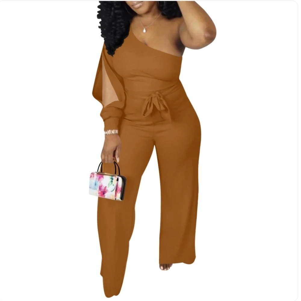 Brown One Shoulder Wide Leg Jumpsuit